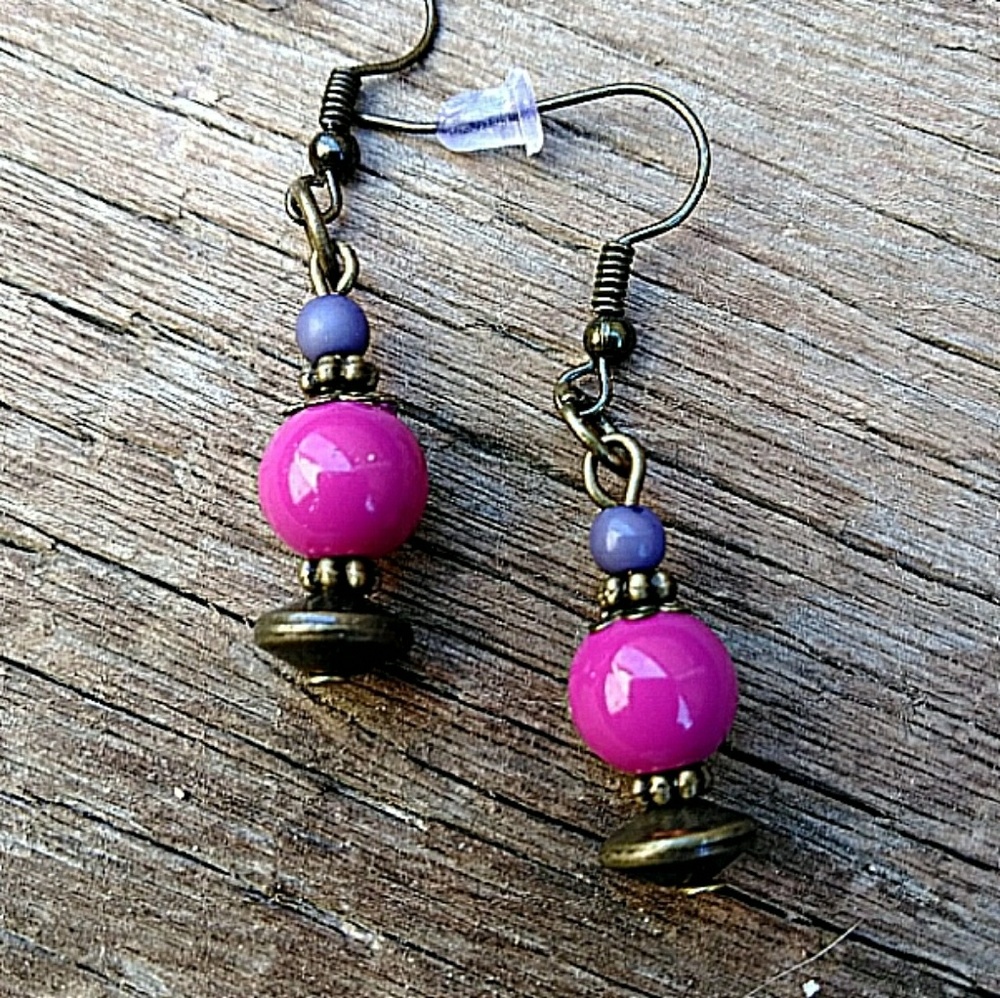 Dainty boho dark pink & tiny purple bead dangles